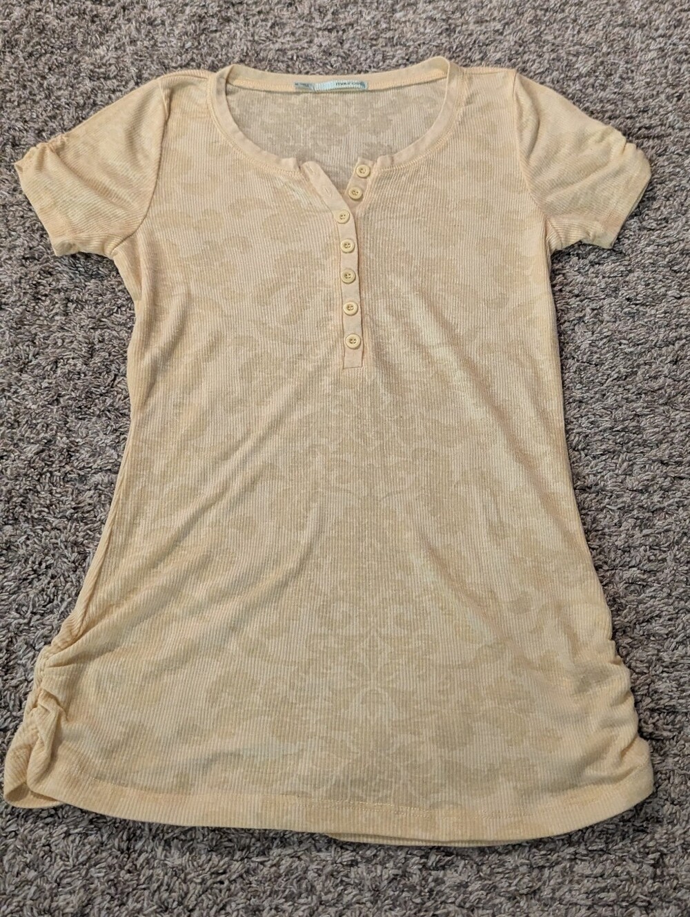 Maurices Y2K Yellow Damask Burnout Henley Top Ruched Sides Medium